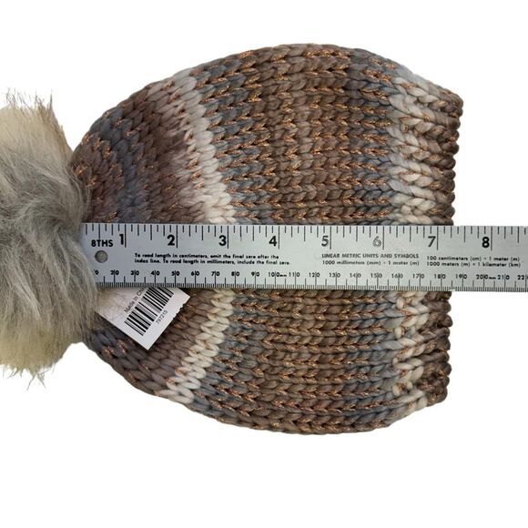 NWT Copper Metallic Striped With Faux Fur Pom Pom Beanie - Picture 7 of 8